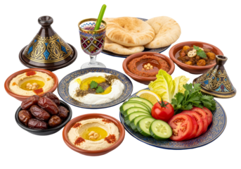 Moroccan feast with tagine pots, hummus, bread and fresh vegetables