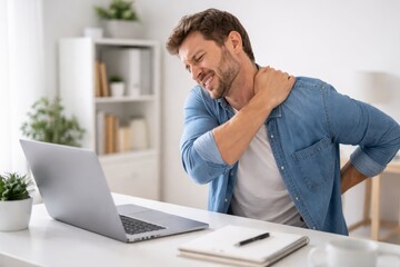 Back And Shoulder Pain From Prolonged Computer Work.
Man sitting at his desk holding his shoulder and lower back.