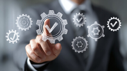 Naklejka na ściany i meble Man in suit pointing at gears with check marks. Demonstrates automation, workflow and task management for business process. Integration and system engineering concept.