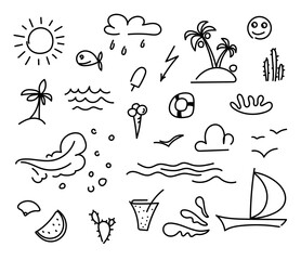 Summer Beach Vacation Doodle Elements Vector Illustration Isolated on White Background, Hand Drawn Line Art Icons of Ocean Waves, Sun, Palm Tree, Ice Cream and Seagulls