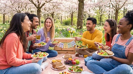 Happy diverse friends eating lunch on blanket celebrating Spring Equinox under blooming trees. Perfect for lifestyle and seasonal event concepts.