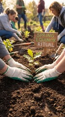 Close up of gloved hands planting an oak sapling. A sign reads Spring Equinox Ritual. Blurred people work in background. Concept of renewal, nature celebration and community gardening.