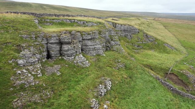 Limestone scarp of High Hurth Edge, Upper Teesdale. Site of Moking Hurth Cave. Important Ice Age environment and cave paleo finds. Human, lynx etc. Video travel west to east across cave entrances