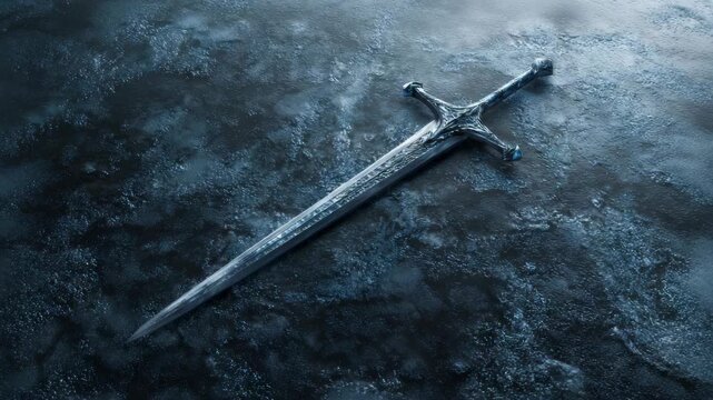 Intricately designed medieval sword resting on frozen ground