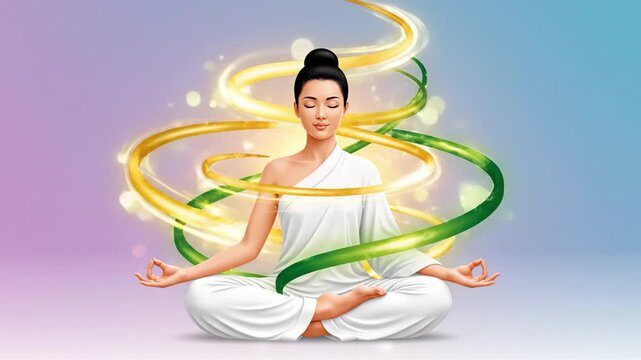 Serene woman meditation lotus pose minimal line art glowing golden circle light calm peaceful mood seated yoga lotus position warm glow