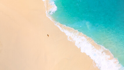 Aerial View Of Lone Woman On Minimal Tropical Beach Shoreline From Above Shot