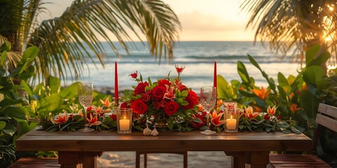 Tropical romantic Valentine's Day table setting with flowers and candles