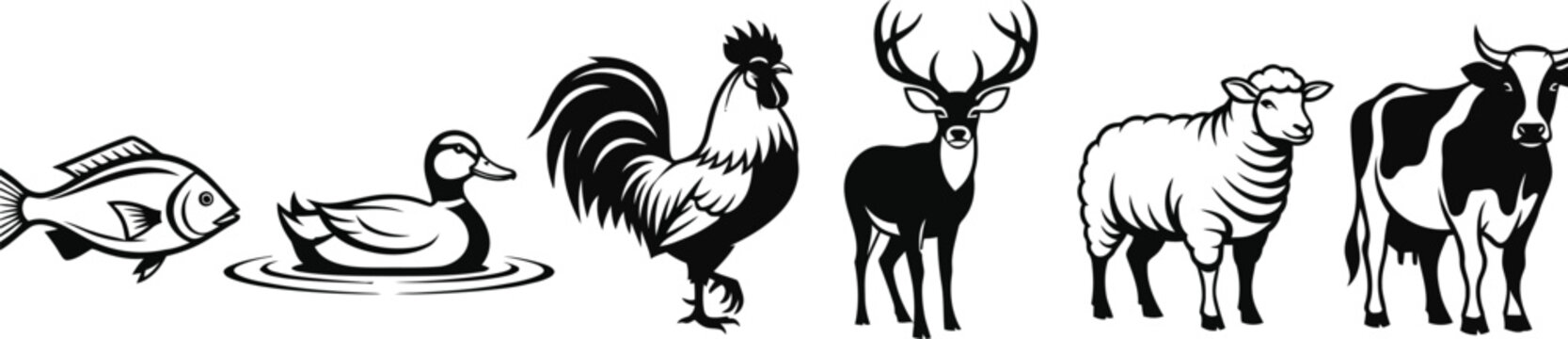 a collection of monochrome animal silhouettes showcases a fish duck rooster deer sheep and cow in a horizontal arrangement high quality