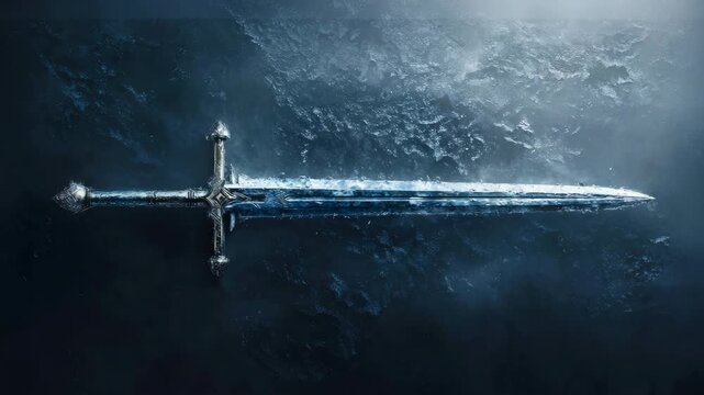 Ornate silver sword on icy surface: elegance and power displayed