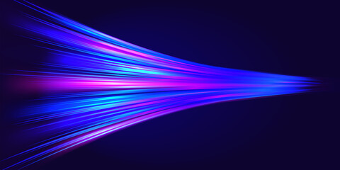 Dynamic light trails and motion blur effect on a dark background. Representing high speed data transfer, fiber optics, and futuristic telecommunications technology.