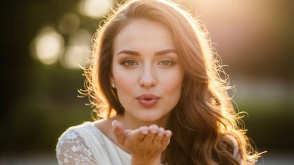 Young woman blowing a kiss in natural light outdoors  
