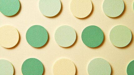 Clean grid pattern of green and yellow textured paper circles on a pale yellow background, perfect for simple minimalist wallpaper.