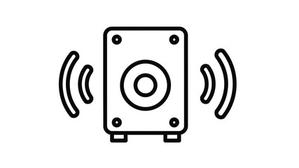 Simple black and white line drawing of a speaker emitting sound waves