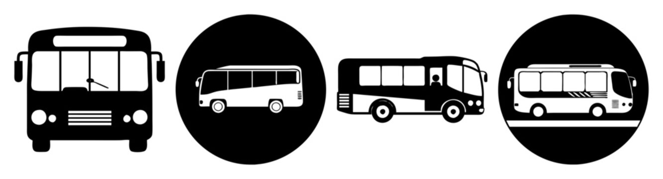 A collection of diverse black and white bus icons showcasing various designs and perspectives Vector