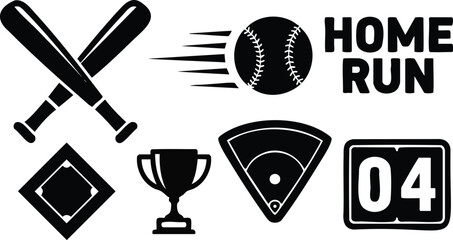 Flat design close up crossed bats and flying baseball with home run text diamond base trophy infield scoreboard number four minimalist black vector sports icons set