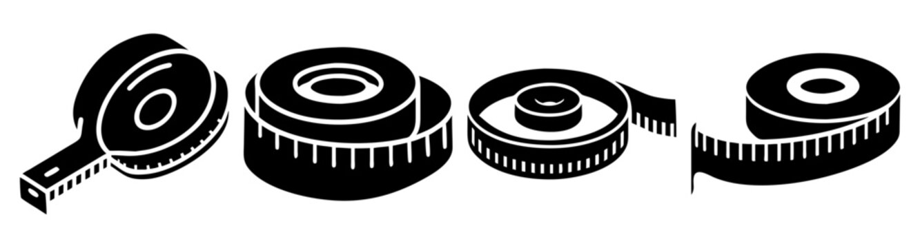 Collection of measuring tape icons in various states of use, showing essential tools for crafts and construction Vector