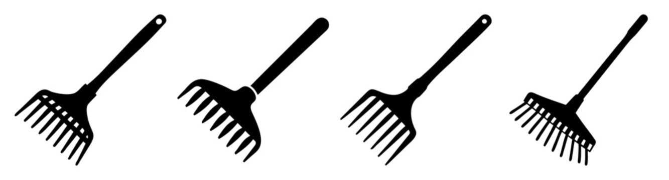 Four distinct black silhouettes of garden rakes symbolizing agricultural and gardening tools Vector