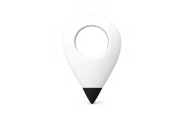 White 3d location pin icon with a circular hole and black tip, representing a point, position, or navigation element