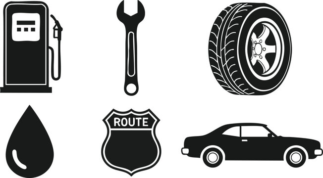Flat design close up automotive service icon set featuring gas pump wrench tire oil drop route shield and classic car silhouette in black and white vector