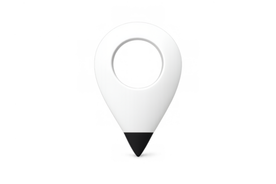 White 3d location pin icon with a circular hole and black tip, representing a point, position, or navigation element - Powered by Adobe