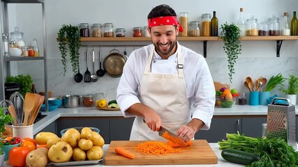 Smiling chef in bandana and apron preparing vegetables in a bright, modern kitchen