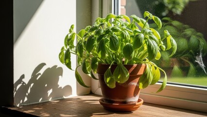 Basil plant in a terracotta pot on a windowsill, illuminated by sunlight.