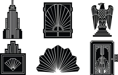 Art deco vector set of architectural icons eagle doors sunburst fan elevator panel geometric ornament close up black silhouette isolated decorative motifs facade gate window emblem