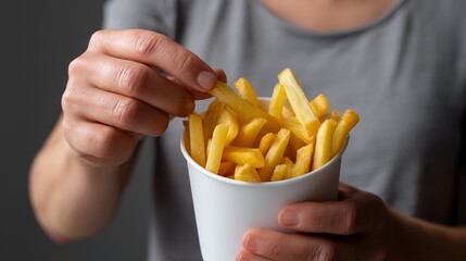 Hand picking french fries from paper cup for snack time at fast food restaurant