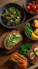 Assorted bowls and toast slices filled with vegetables, eggs, and greens, presented on a wooden surface for a healthy dining experience.