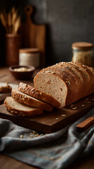 Sliced loaf of fresh bread with seeds, presented on a rustic cutting board, showcasing a warm and inviting homemade bakery product.