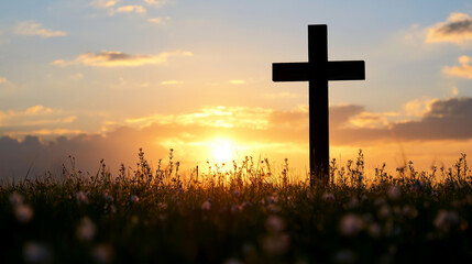Christian cross silhouette at sunset over peaceful field