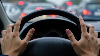 Hands gripping steering wheel driving car on busy road.