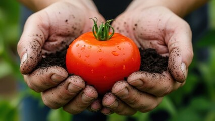 Hands holding a ripe tomato with soil, fresh from the garden.