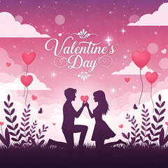 Valentine&rsquo;s Day Social media post vector featuring marble surface setup with roses, chocolates, and ribboned box