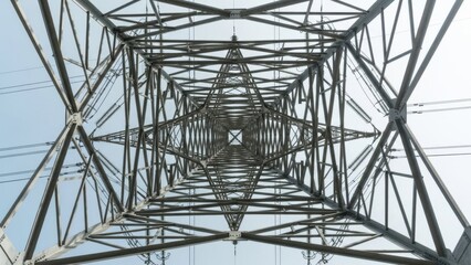 Intricate steel structure of power transmission tower against sky.