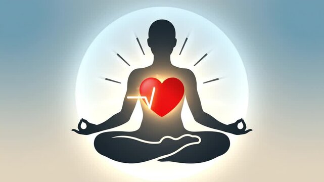 Meditation silhouette with glowing heart and heartbeat line, zen posture, calming light and spiritual wellness mindfulness inner peace meditation silhouette with glowing red heart centered chest