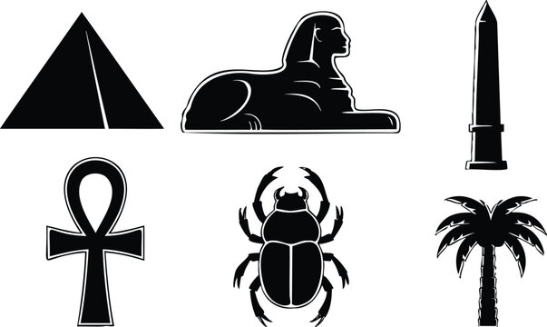 Flat silhouette vector icons of ancient egypt symbols arranged in grid with pyramid sphinx obelisk ankh scarab and palm tree black on white minimal bold contrast