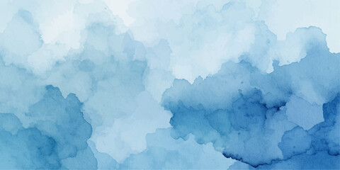 Abstract watercolor background with blue ice texture and fluffy clouds creates a light nature design reflecting a summer day atmosphere on vintage grunge paper