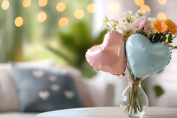 Heart-shaped balloons and flowers in vase on cozy decorated table