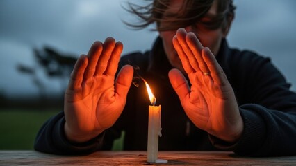 Person warming hands near a candle flame in the evening.