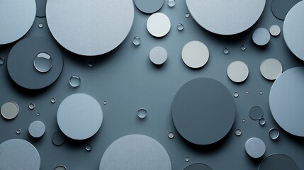 Dark slate blue 3D background with textured circles and realistic glass water droplets, ideal for high-tech or luxury themes.