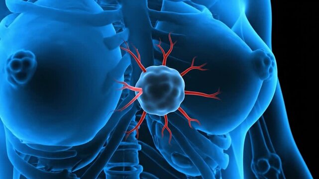 A medical 3D animation showing the growth and development of a malignant tumor within the female breast, illustrating the process of breast cancer and angiogenesis