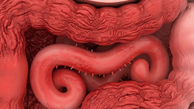 A medical animation showing the inflamed and thickened intestinal walls characteristic of Crohn's disease