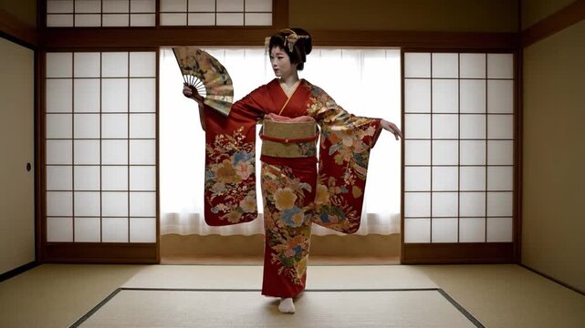 Geisha performing a traditional fan dance in a tatami room