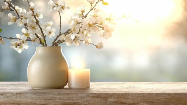 Soft sunlight illuminates delicate white blossoms and a glowing candle, symbolizing the hopeful arrival of Spring, renewal, and the sacred traditions of Imbolc and St Brigid's Day celebration