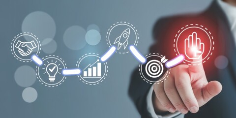 Seamless customer experience concept. Touching screen for providing personalized support throughout the customer journey from product discovery to purchase and engagement, featuring digital icons.