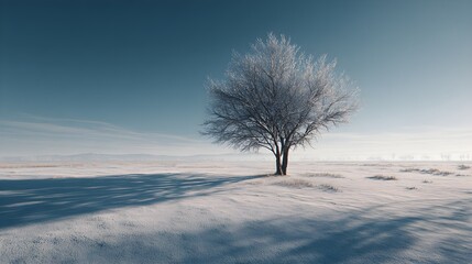 Solitary frosted tree stands against a clear blue winter sky, casting a long shadow across a snow-covered landscape.