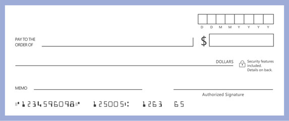 Blank bank check, checkbook cheque template or money payment paper voucher, vector mockup. Business or personal account cash pay cheque certificate or paycheck coupon from checkbook