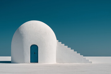 Minimal white mediterranean dome house with blue door and stairs