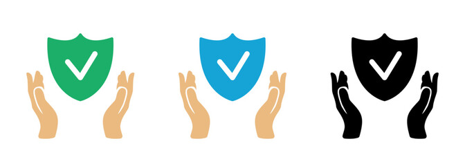 Privacy and security icon. Shield in hands. Data protection. Vector flat icon.